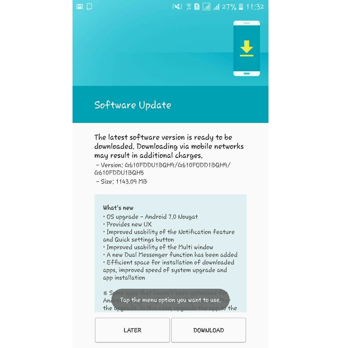La actualización Galaxy J7 Prime Nougat ahora se está implementando en India, compilación G610FDDU1BQH9