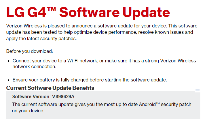 La actualización OTA de Verizon LG G4 se implementa con el parche de seguridad de enero, compilación VS98629A