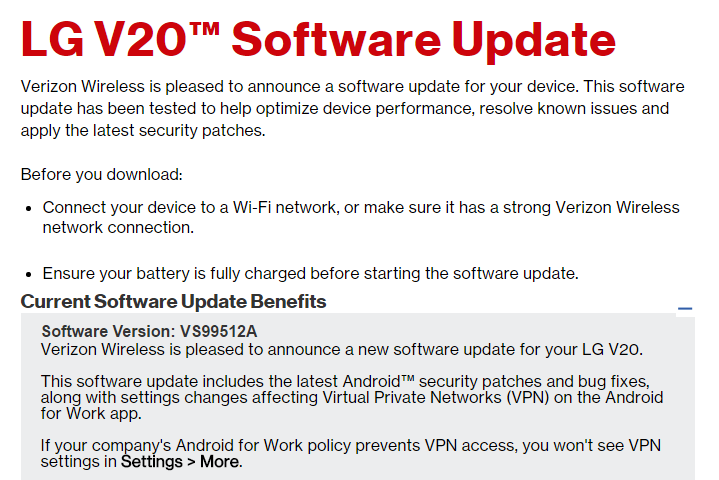 La actualización OTA de Verizon LG V20 se implementa con el parche de seguridad de enero y las correcciones de errores, compilación VS99512A