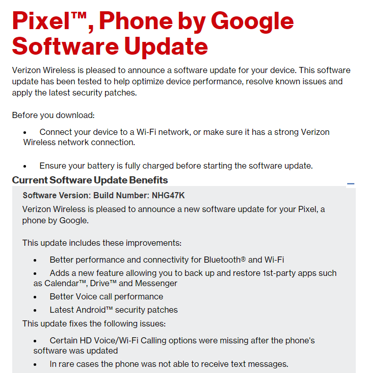 La actualización OTA de Verizon Pixel y Pixel XL se implementa con un puñado de mejoras, compila NHG47K