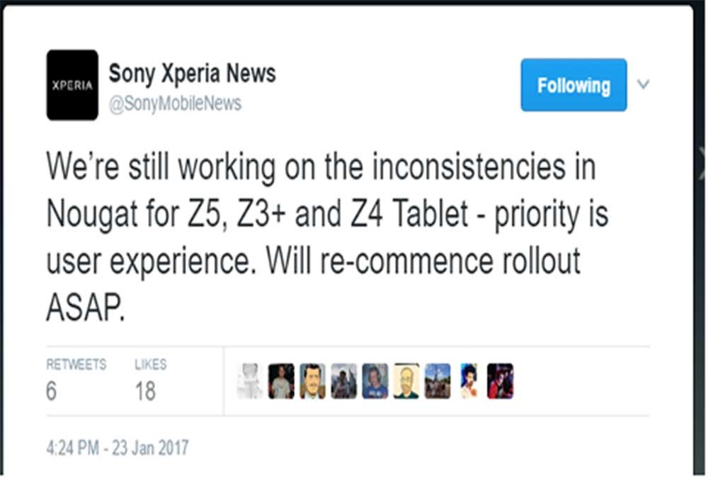 La actualización de Sony Xperia Z5, Z3+ y Z4 Tablet Nougat se reanudará lo antes posible, dice Sony