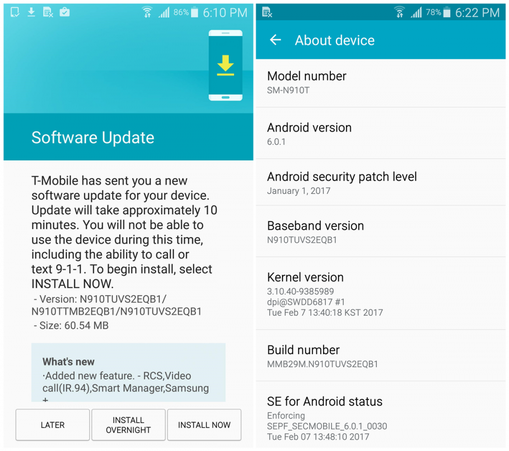 La actualización de T-Mobile Note 4 trae soporte de mensajería RCS y parche de seguridad de enero, compilación N910TUVS2EQB1