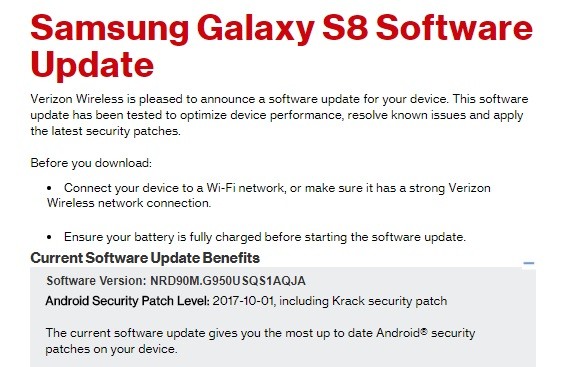 La actualización de Verizon Galaxy S8 y S8 Plus se implementa con el parche de seguridad de octubre y la corrección de Krack