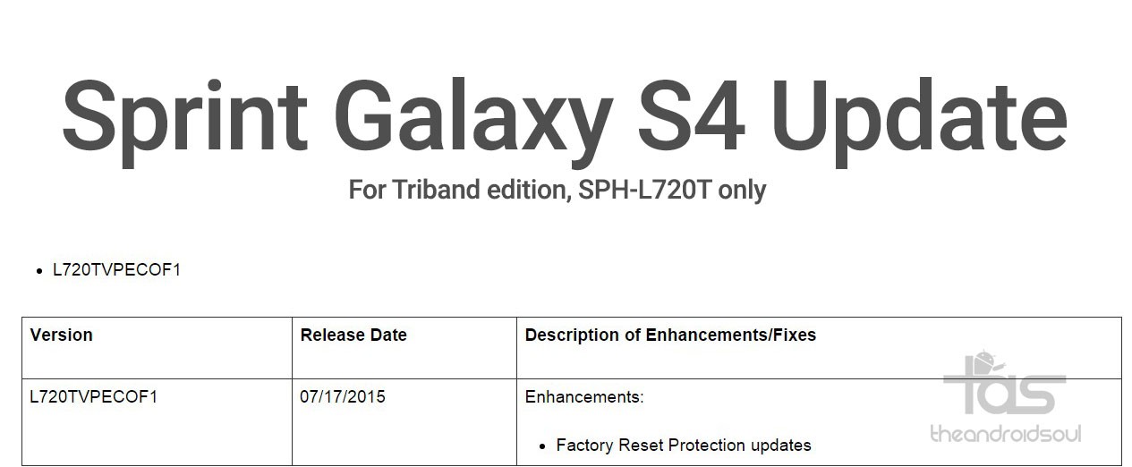 La edición Sprint Galaxy S4 Triband recibe una nueva actualización, incluye protección de restablecimiento de fábrica