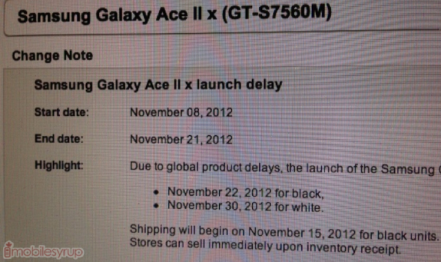 La fecha de lanzamiento del Samsung Galaxy Ace 2 de Bell se retrasó hasta el 22 de noviembre