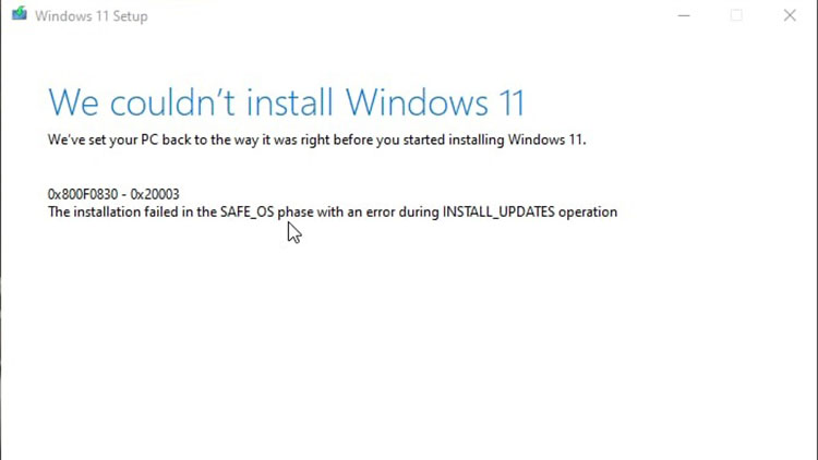 La instalación de Windows 11 falló con los mensajes de error 0x8007007f y 0x8COF0830
