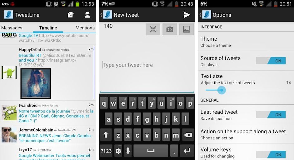 La nueva aplicación de Twitter para Android, TweetLine, se basa en la interfaz de usuario de Holo.  ¡Intentalo!