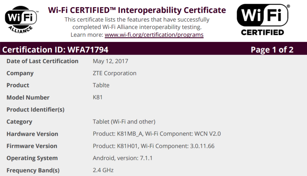 La tableta ZTE K81 Android 7.1.1 aparece en Wi-Fi Alliance