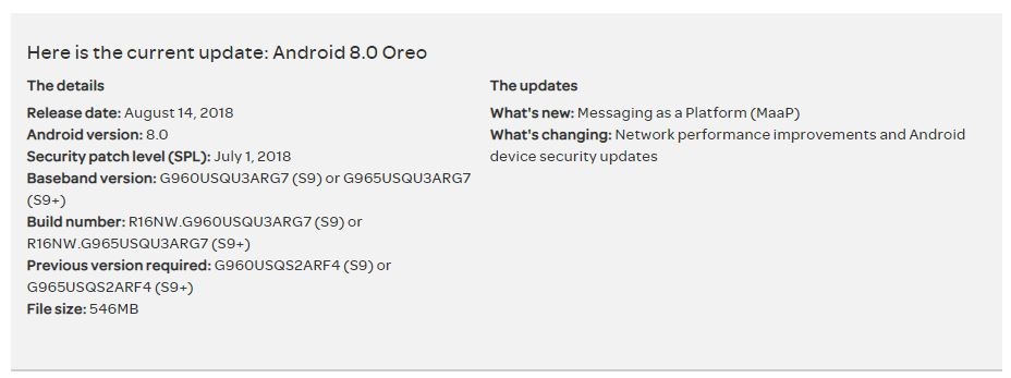 La última actualización para AT&T Galaxy S9 agrega soporte para Messaging as a Platform (MaaP) y el parche de julio