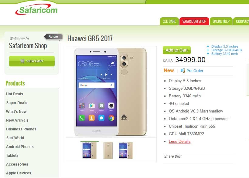 Lanzamiento de Huawei GR5 2017 en Kenia, con un precio de Ksh 34,999