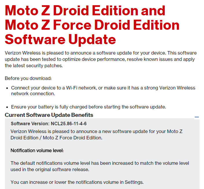 Lanzamiento de la actualización OTA de Verizon Moto Z Droid y Z Force Droid, compilación NCL25.86-11-4-6