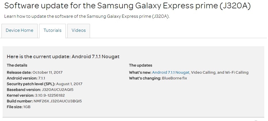 Lanzamiento de la actualización de AT&T Galaxy Express Prime Android 7.1.1 Nougat