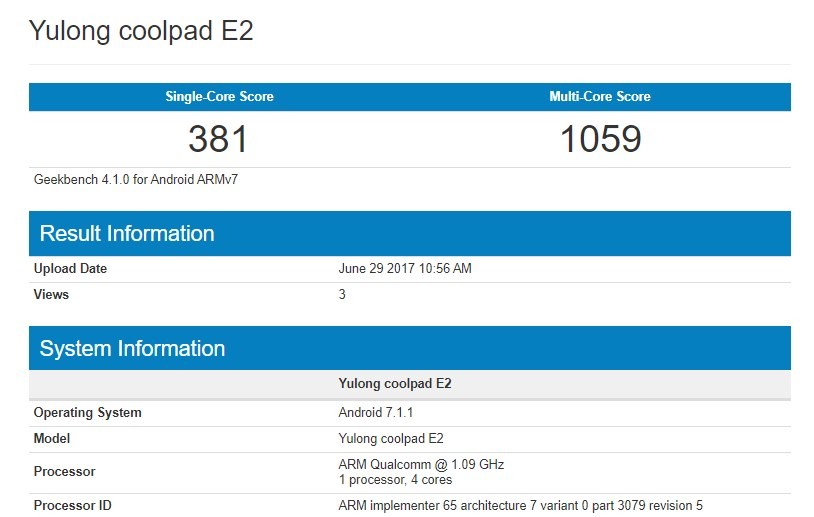 Las especificaciones de Coolpad E2 publicadas a través de GeekBench, cuentan con 2 GB de RAM, chip Snapdragon 210 y Android 7.1.1 Nougat