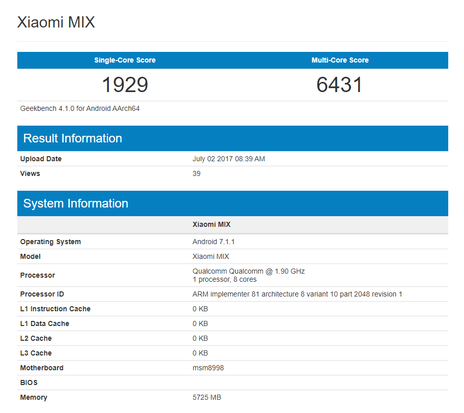 Las especificaciones de Xiaomi Mi Mix 2 reveladas a través de la lista de GeekBench, SD 835 y 6 GB de RAM a cuestas