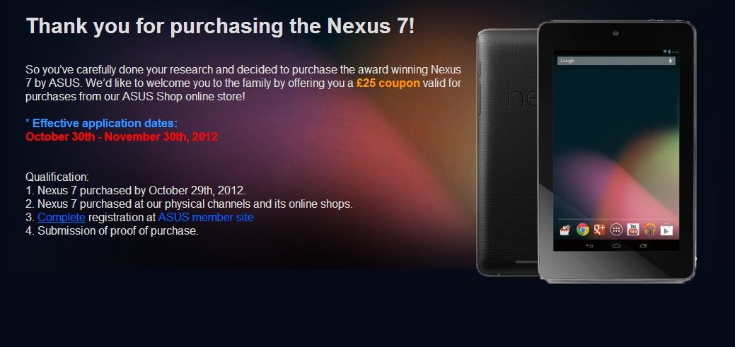 Las personas que compraron Nexus 7 directamente de Google no serán elegibles para el cupón de Asus Store de 30 euros