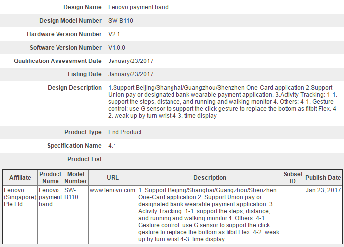 Lenovo Payment Band (Fitness Tracker 2) se lanzará pronto, tiene certificación Bluetooth