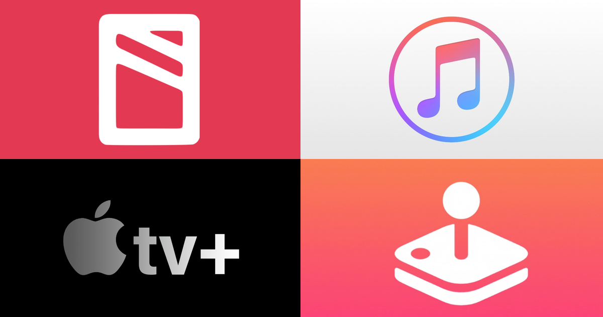 Logos for Apple Services News+, Music TV+, and Arcade