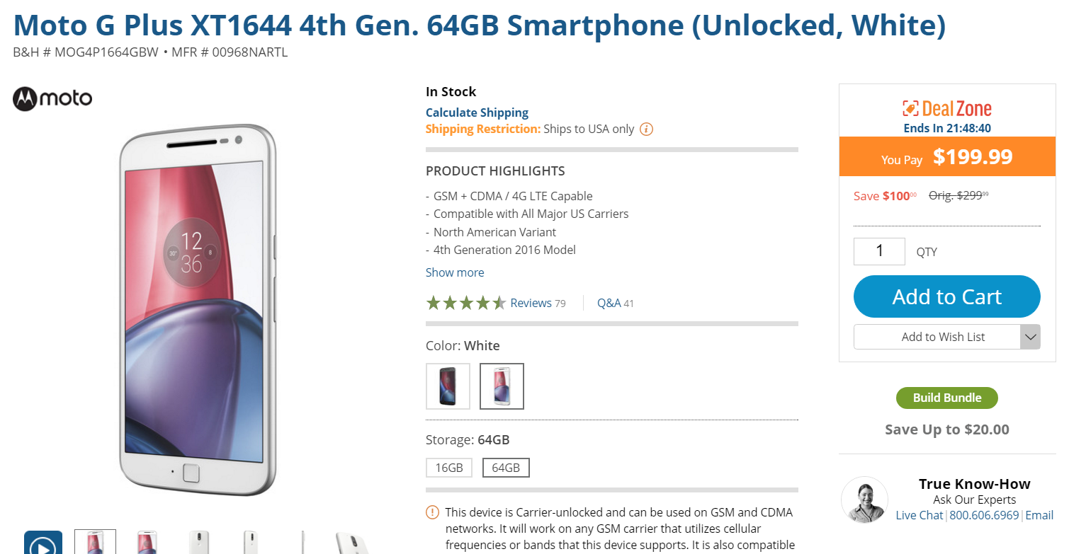 Moto G4 Plus 64GB disponible por $200 hoy en B&H