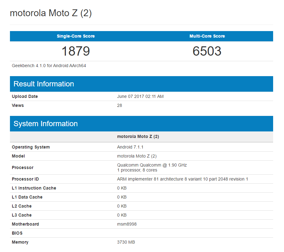 Moto Z2 aparece en GeekBench con SD 835, 4GB RAM y Android 7.1.1