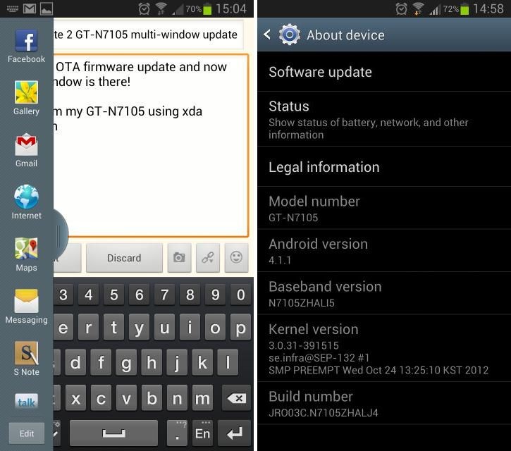 N7105ZHALJ4 -- La actualización LTE del Samsung Galaxy Note 2 para Hong Kong trae la función de ventanas múltiples