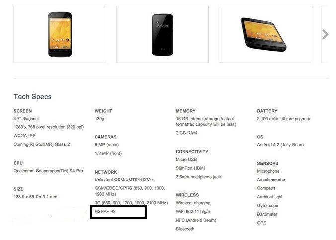 Nexus 4 es compatible con HSPA+ 3G con velocidades de datos de 42 Mbps, la página de Play Store se actualizó para aclarar esto