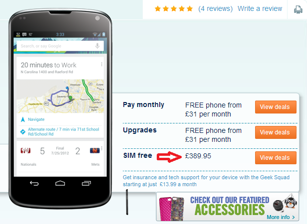 Nexus 4 sin SIM cuesta £ 390 en Carphone Warehouse