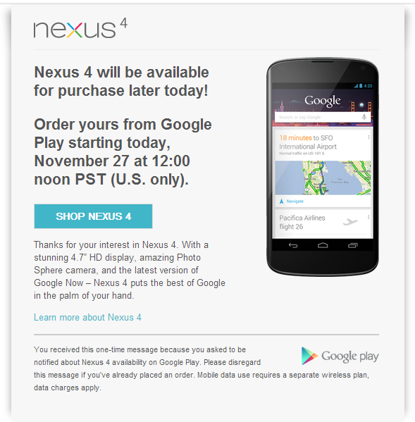 Nexus 4 volverá a estar disponible en Play Store a las 1200 PST [US Only]