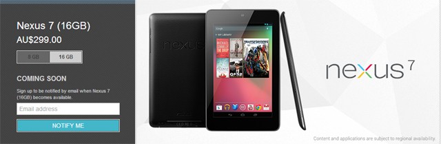 Nexus 7 16 GB configurado para revisión de precios en Google Play Store, el estado cambió a 'Próximamente'