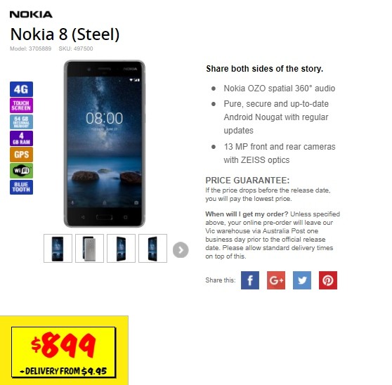 Nokia 8 listo para pre-pedido en Australia;  con un precio de AUD 899