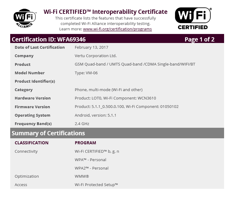 Nuevo teléfono Vertu (VM-06) certificado por WiFi Alliance, funciona con Android 5.1.1 Lollipop