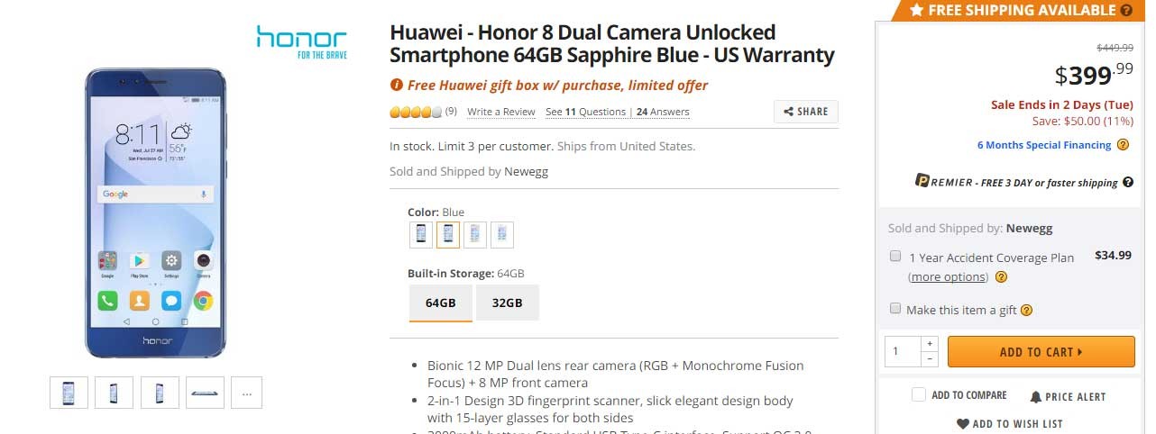 Obtenga Blue Huawei Honor 8 64GB (con una caja de regalo gratis) por $ 300 en Newegg