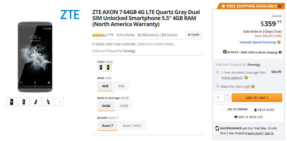 Obtenga ZTE Axon 7 con 4 GB de RAM y 64 GB de almacenamiento por $ 330 en Newegg ($ 70 de descuento)