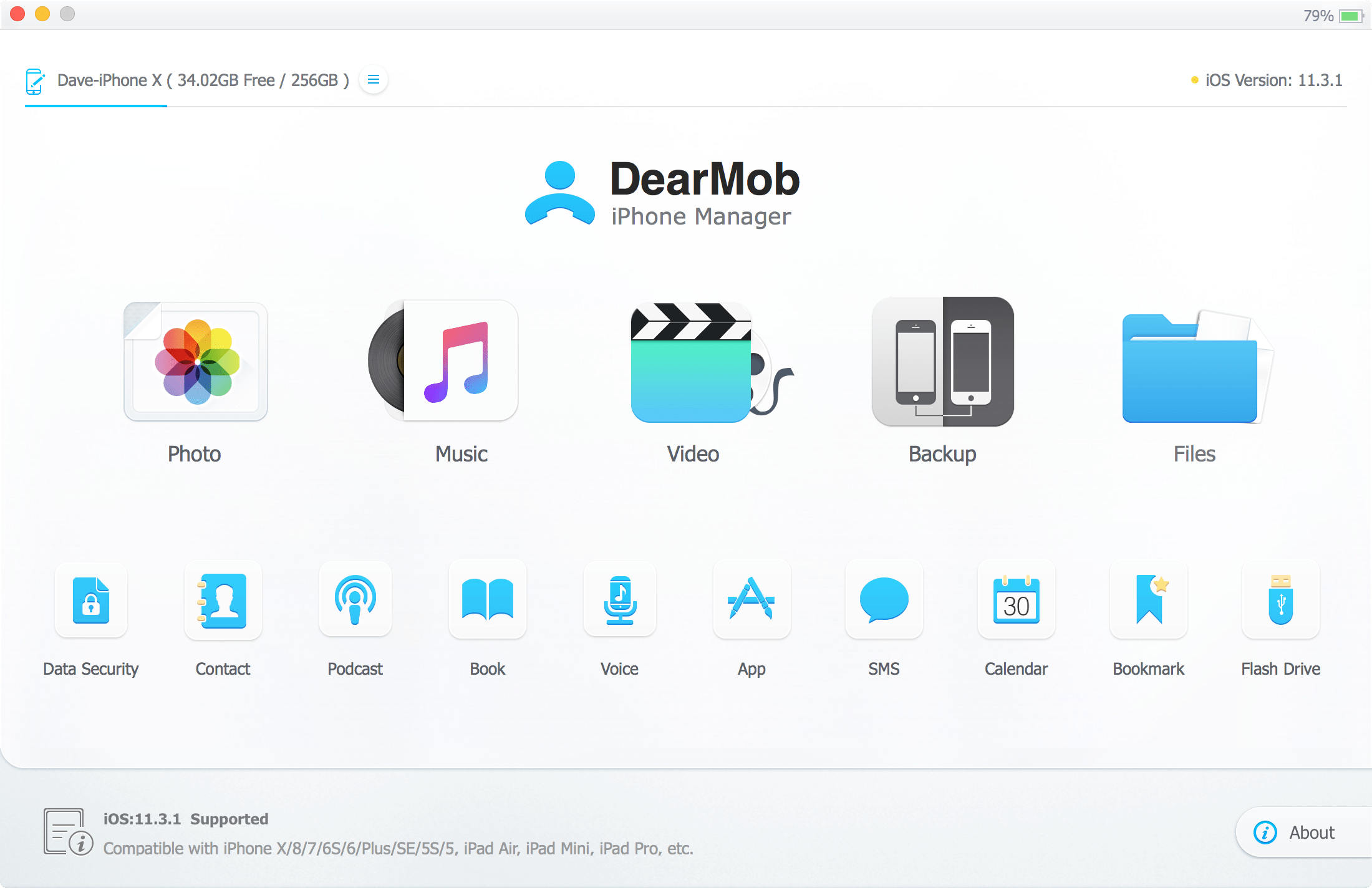 DearMob for Mac showing its Dashboard screen while connected to an iPhone