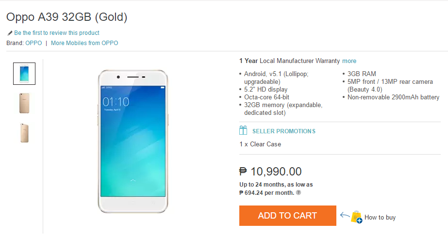 Oppo A39 lanzado en Filipinas, con un precio de ₱ 10,990.00