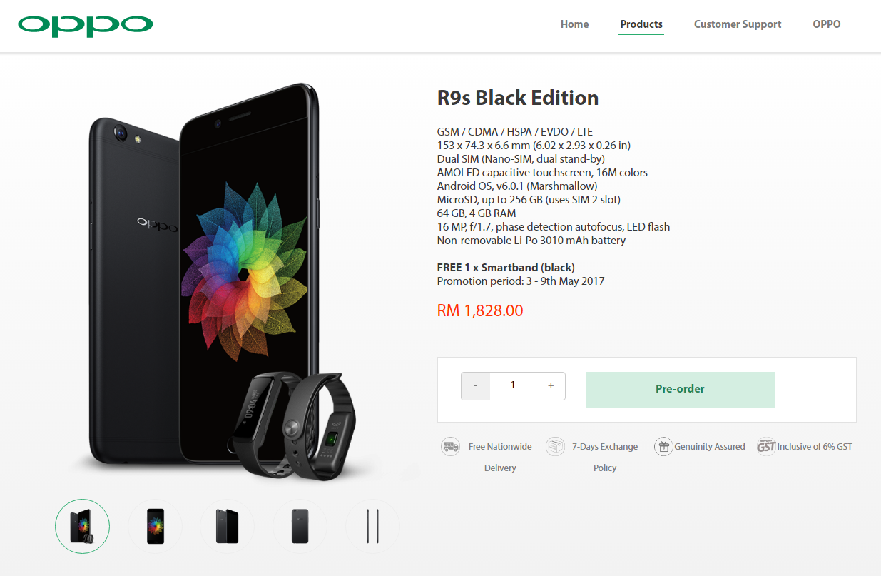 Oppo R9s Black Edition está en pre-pedido en Malasia por RM 1,828, viene con una Olike Now 2 Smartband gratis
