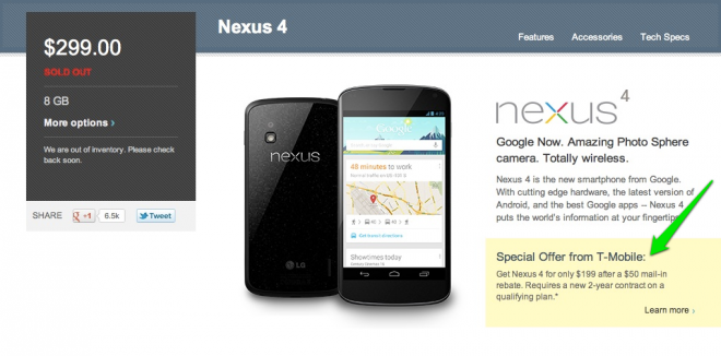 Página de Google Play de Nexus 4 que dirige a los usuarios al sitio web de T-Mobile;  Sin embargo, se agotó en ambos lugares