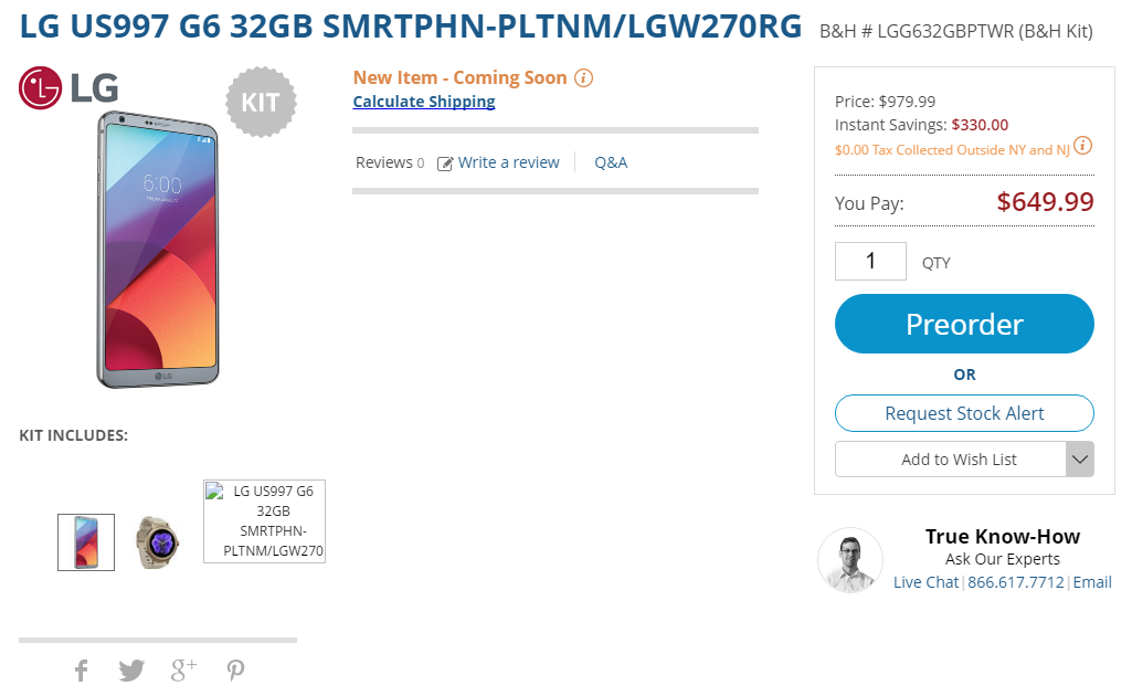 Pide por adelantado el LG G6 de B&H por $650 y obtén un LG Watch Style gratis