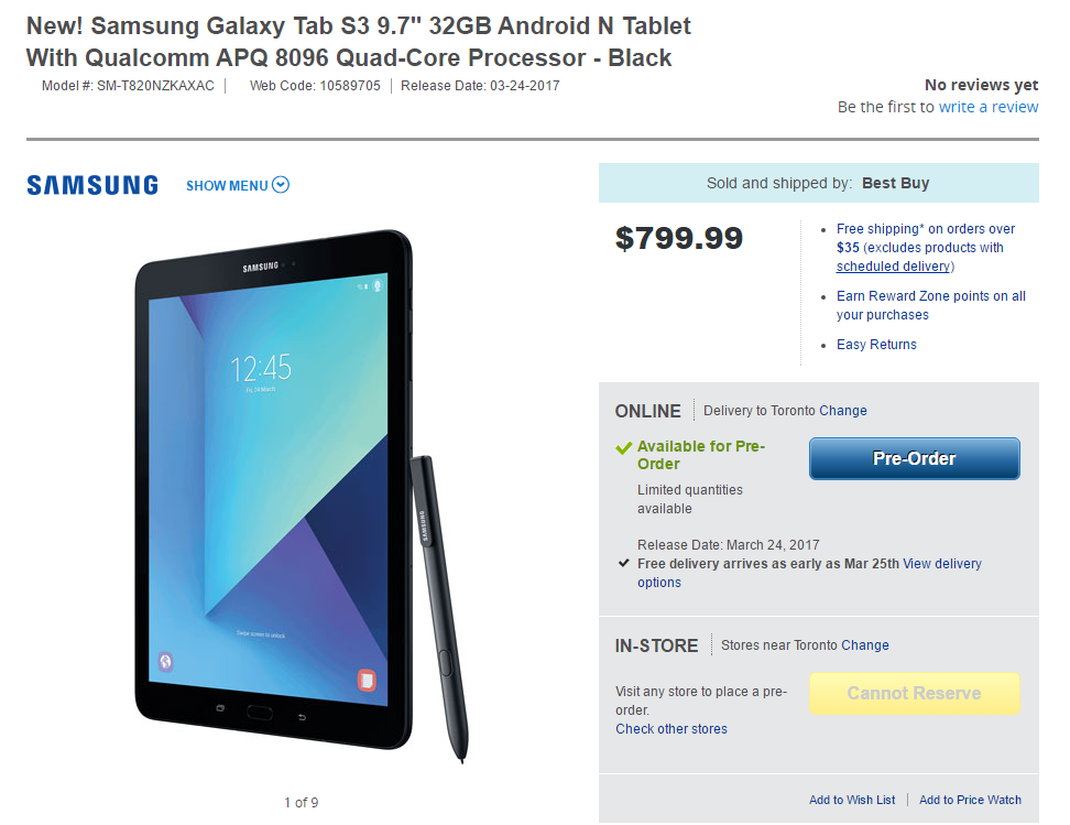 Precio de Galaxy Tab S3 establecido en $ 799 en Canadá, el pedido anticipado comienza en Best Buy