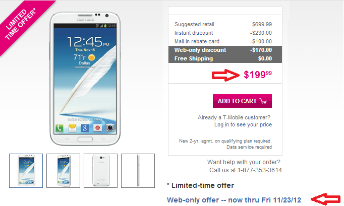 Precio de T-Mobile Galaxy Note 2 ($199) y One S (Gratis) reducido por Black Friday