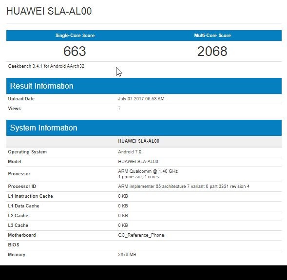 Pruebas de rendimiento de Huawei Enjoy 7 (SLA-AL00) disponibles a medida que el dispositivo llega a Geekbench