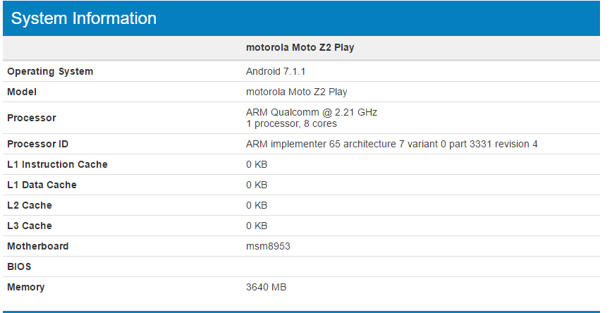 Pruebas de rendimiento de Motorola Moto Z2 Play disponibles en Geekbench, especificaciones confirmadas también