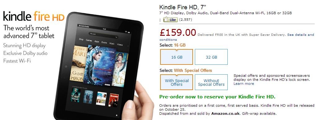 Reino Unido Kindle Fire HD Precio revelado, debe pagar £ 10 para obtenerlo sin publicidad