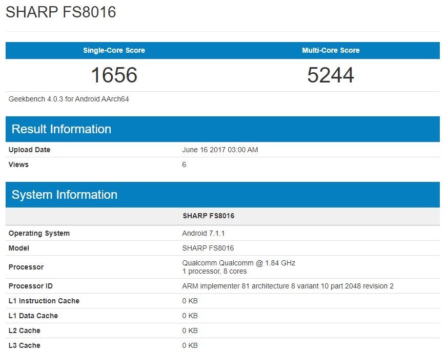 SHARP FS8016 con procesador Snapdragon 660 y 4 GB de RAM se filtra en Geekbench