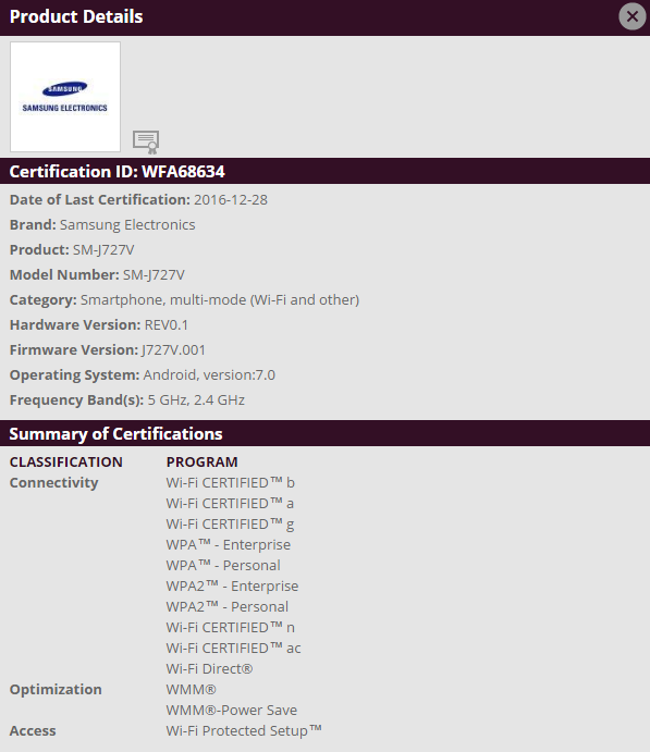 Samsung Galaxy J7 2017 (SM-J727V) obtiene certificado de Wi-Fi Alliance, se ejecuta en Android 7.0 Nougat