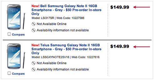 Samsung Galaxy Note 2 Precio para Bell y TELUS en Canadá