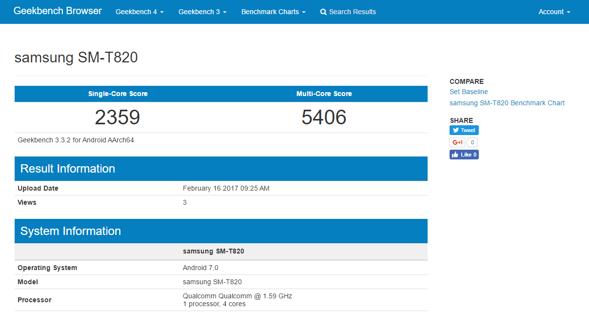 Samsung Galaxy Tab S3 WiFi obtiene especificaciones enumeradas en Geekbench