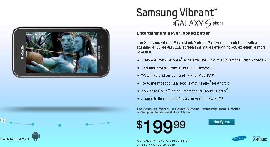 Samsung Vibrant for $199.99 with 2 year contract
