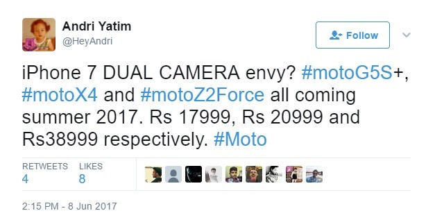 Se filtraron los precios de Moto G5S+, Moto X4 y Moto Z2 Force para India