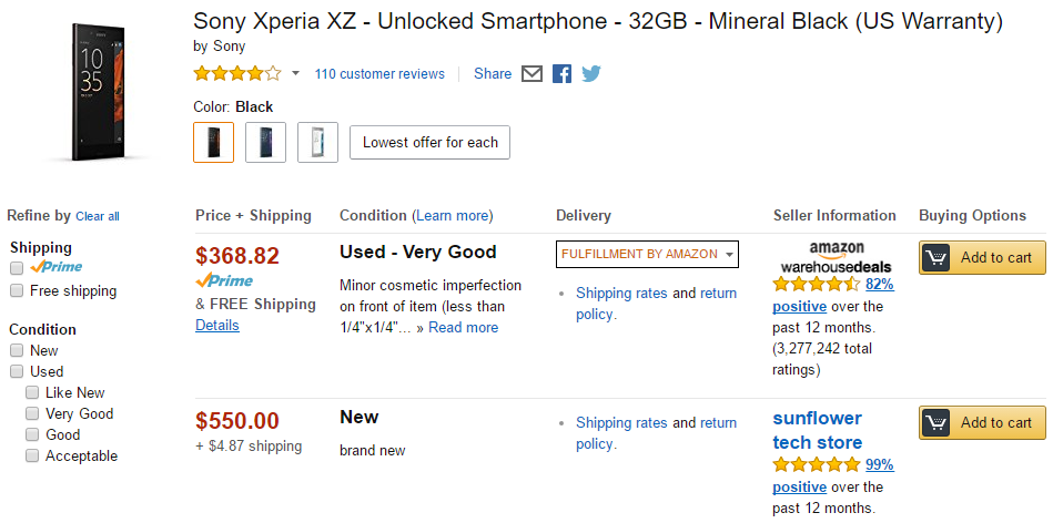 Sony Xperia XZ usado a la venta por $ 368 en Amazon