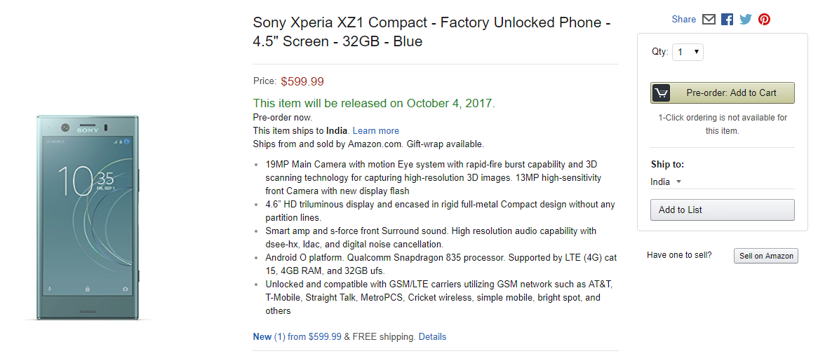 Sony Xperia XZ1 Compact está en pre-pedido en EE. UU. por $ 599.99